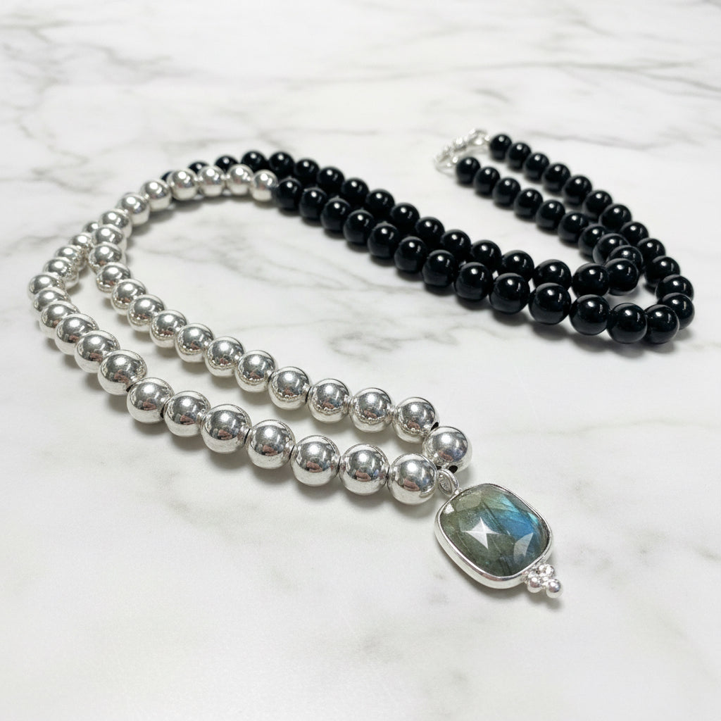Onyx and Sterling Beaded Necklace with Labradorite Pendant* Janine Gerade