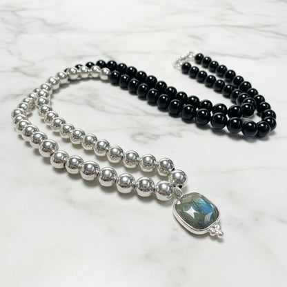 Onyx and Sterling Beaded Necklace with Labradorite Pendant* Janine Gerade