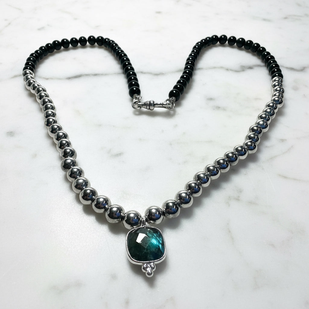 Onyx and Sterling Beaded Necklace with Labradorite Pendant* Janine Gerade
