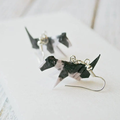 Origami Dog Earrings - Stylish Origami Jewelry featuring black and white paper dogs sealed in acrylic with silver hooks, ideal for pet lovers.