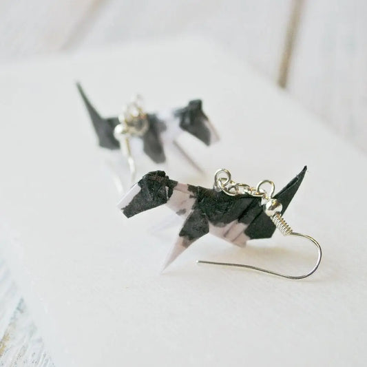 Origami Dog Earrings - Stylish Origami Jewelry featuring black and white paper dogs sealed in acrylic with silver hooks, ideal for pet lovers.