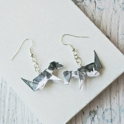Handmade Origami Dog Earrings - Stylish Origami Jewelry with folded paper dogs in black and white, measuring 1.25 inches, perfect for pet lovers.