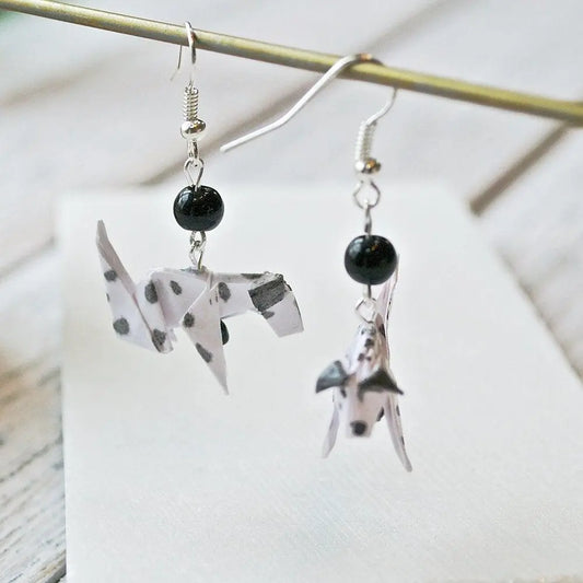 Pair of Dalmatian Origami Dog Earrings with black beads, showcasing intricate paper folding and spotted dog design for a playful accessory.
