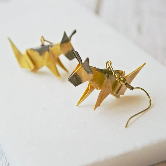 Origami Dog Earrings - German Shepherd design in yellow and black paper, sealed with acrylic, 1.25" long, perfect for dog lovers.