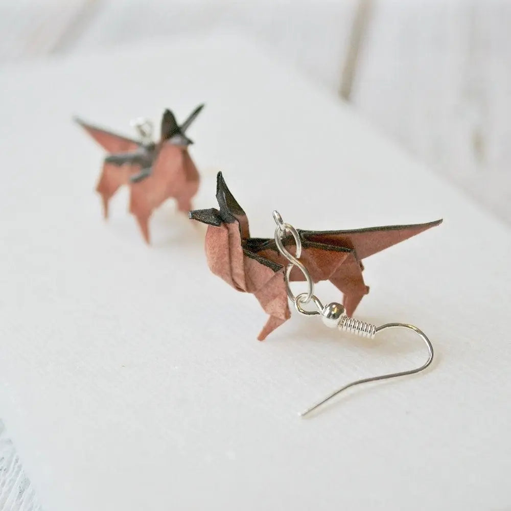 Origami Dog Earrings in saddle brown with acrylic seal, featuring intricate folded dog shapes and silver hooks, 1.25-inch drop length.