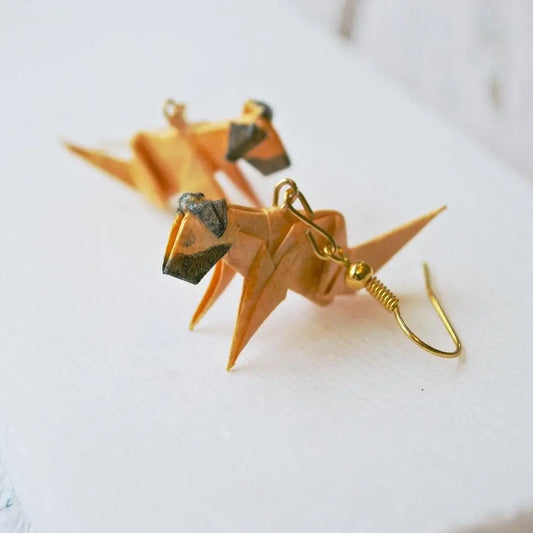 Close-up of Origami Dog Paper Earrings in tan and brown, featuring intricate folds and gold-tone hooks, perfect for unique earring collections.