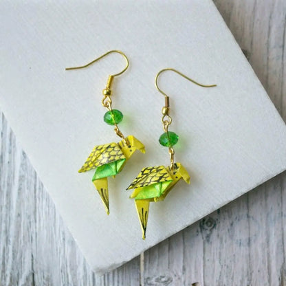Origami Parakeet Earrings - Free Shipping featuring yellow and green paper birds with green beads, perfect for unique fashion accessories.