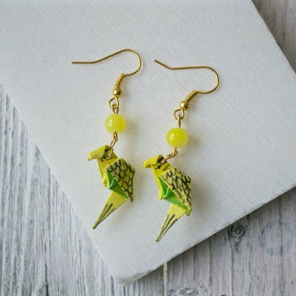 Origami Parakeet Earrings - Free Shipping in yellow and green with yellow beads, handcrafted and sealed for durability, ideal for gifting.