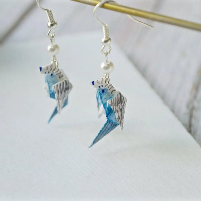 Origami Parakeet Earrings - Free Shipping with blue and white paper birds and pearl beads, stylish handmade earrings for fashion lovers.