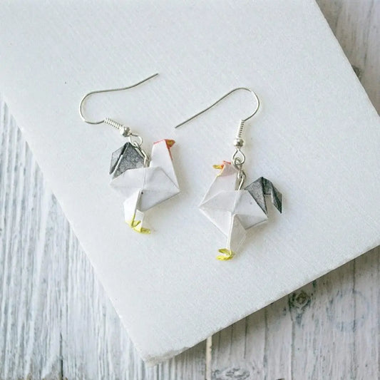 Paper Origami Rooster Earrings - Handcrafted Jewelry featuring white origami roosters with red, yellow, and black accents. Lightweight and nickel-free.