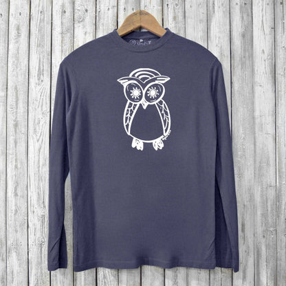 Owl Shirt Mens in navy blue made from eco bamboo and organic cotton, featuring a white owl graphic on a soft long sleeve tee for sustainable style.