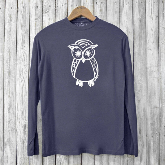 Owl Shirt Mens in navy blue made from eco bamboo and organic cotton, featuring a white owl graphic on a soft long sleeve tee for sustainable style.