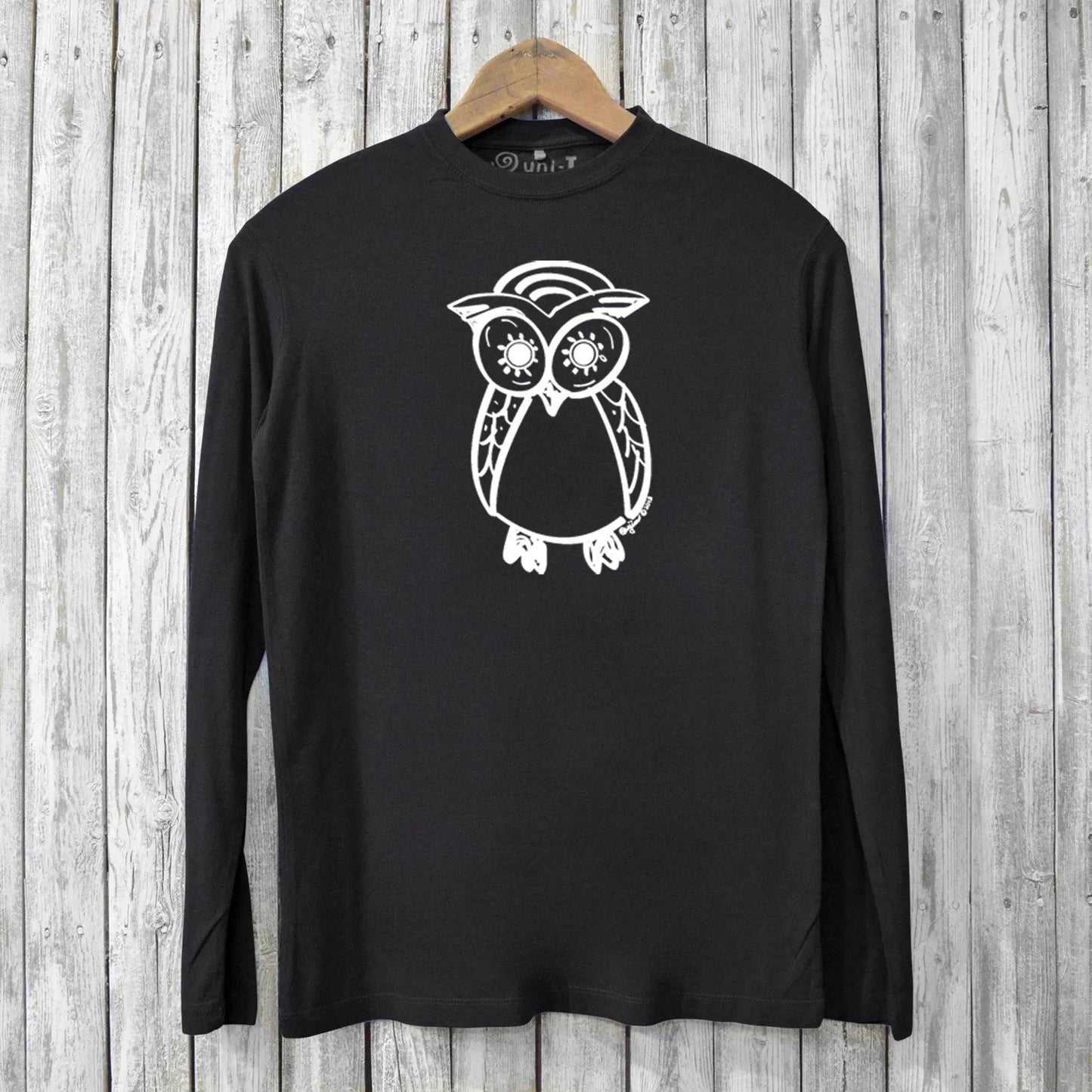 Black Owl Shirt Mens crafted from bamboo and organic cotton, showcasing a white owl print on a soft, eco-friendly long sleeve graphic tee.
