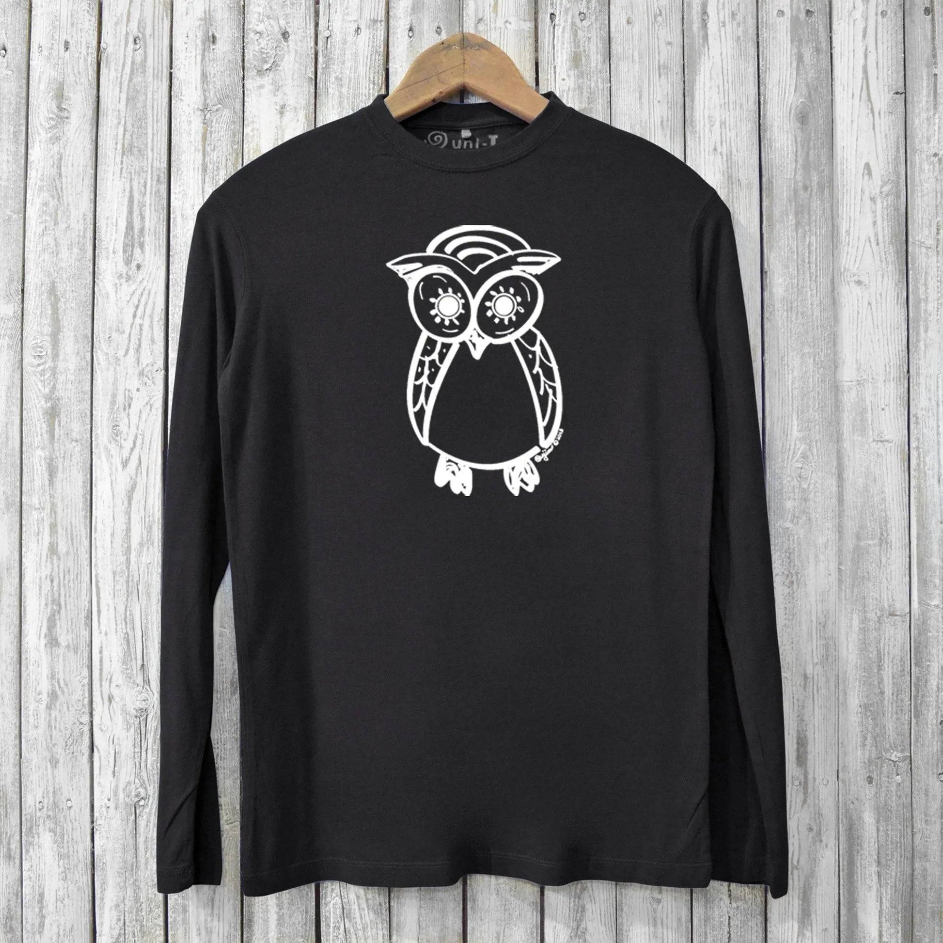 Black Owl Shirt Mens crafted from bamboo and organic cotton, showcasing a white owl print on a soft, eco-friendly long sleeve graphic tee.