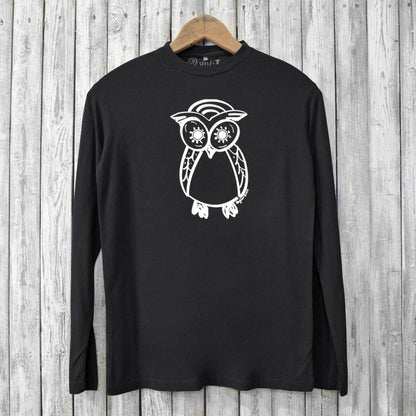 Black Owl Shirt Mens crafted from bamboo and organic cotton, showcasing a white owl print on a soft, eco-friendly long sleeve graphic tee.