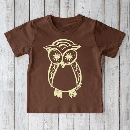 Brown Kids' Organic Cotton Owl T-Shirt with cream owl design. Eco-friendly Uni-T wildlife shirt for children who love nature and animals.