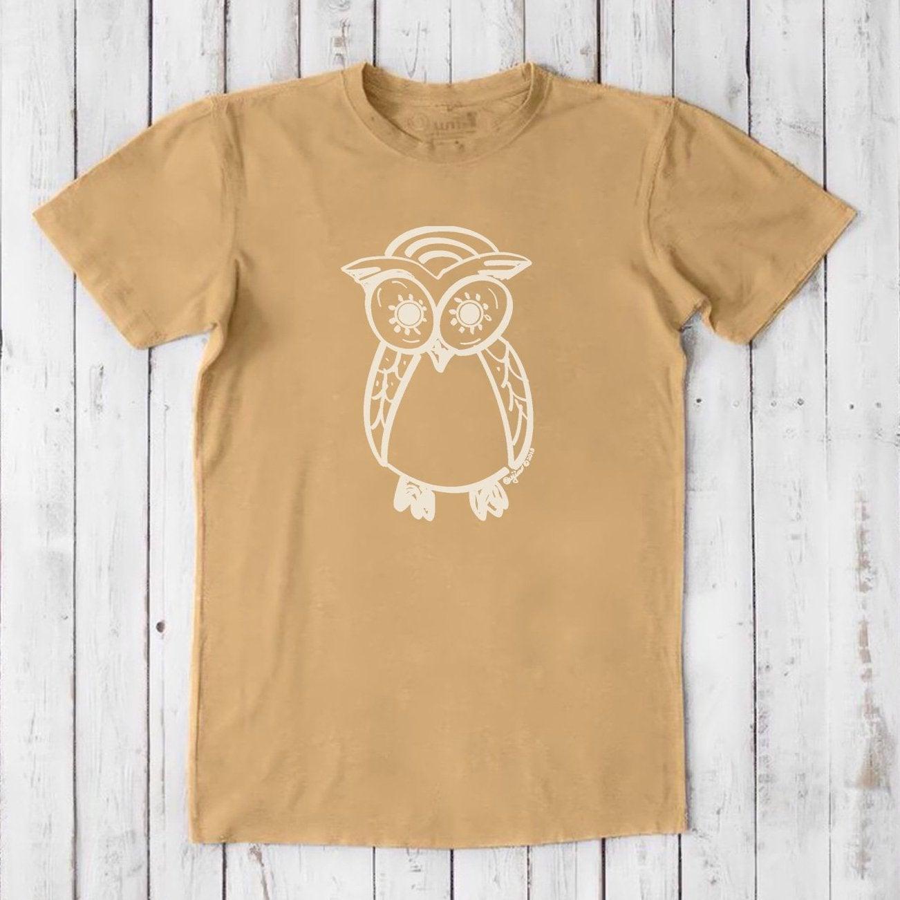 Men's Owl T-Shirt in mustard yellow bamboo and organic cotton with white artistic night owl graphic, classic fit eco-friendly gift for him.