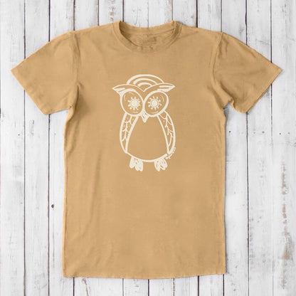 Men's Owl T-Shirt in mustard yellow bamboo and organic cotton with white artistic night owl graphic, classic fit eco-friendly gift for him.