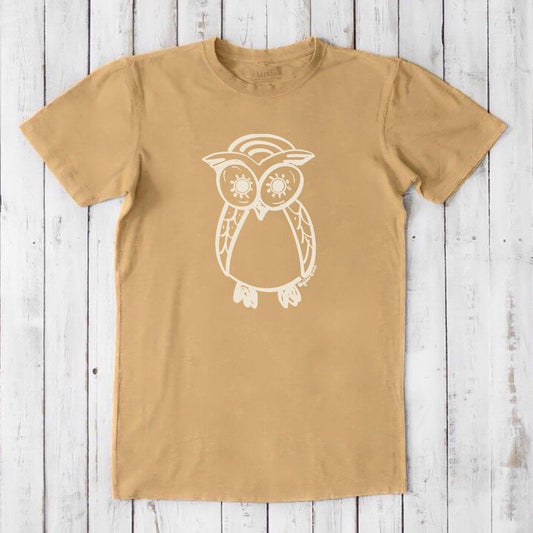 Men's Owl T-Shirt in mustard yellow bamboo and organic cotton with white artistic night owl graphic, classic fit eco-friendly gift for him.