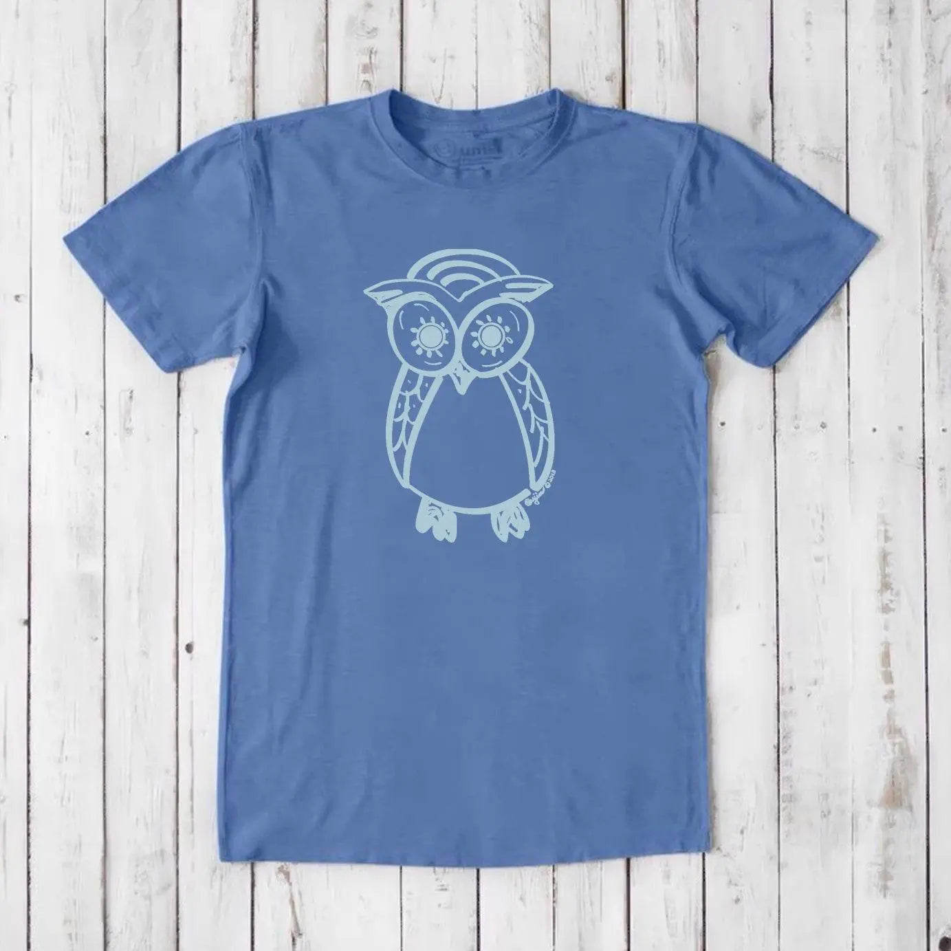 Men's Owl T-Shirt in ocean blue bamboo and organic cotton featuring a light blue owl graphic, sustainable and artistic gift idea for men.