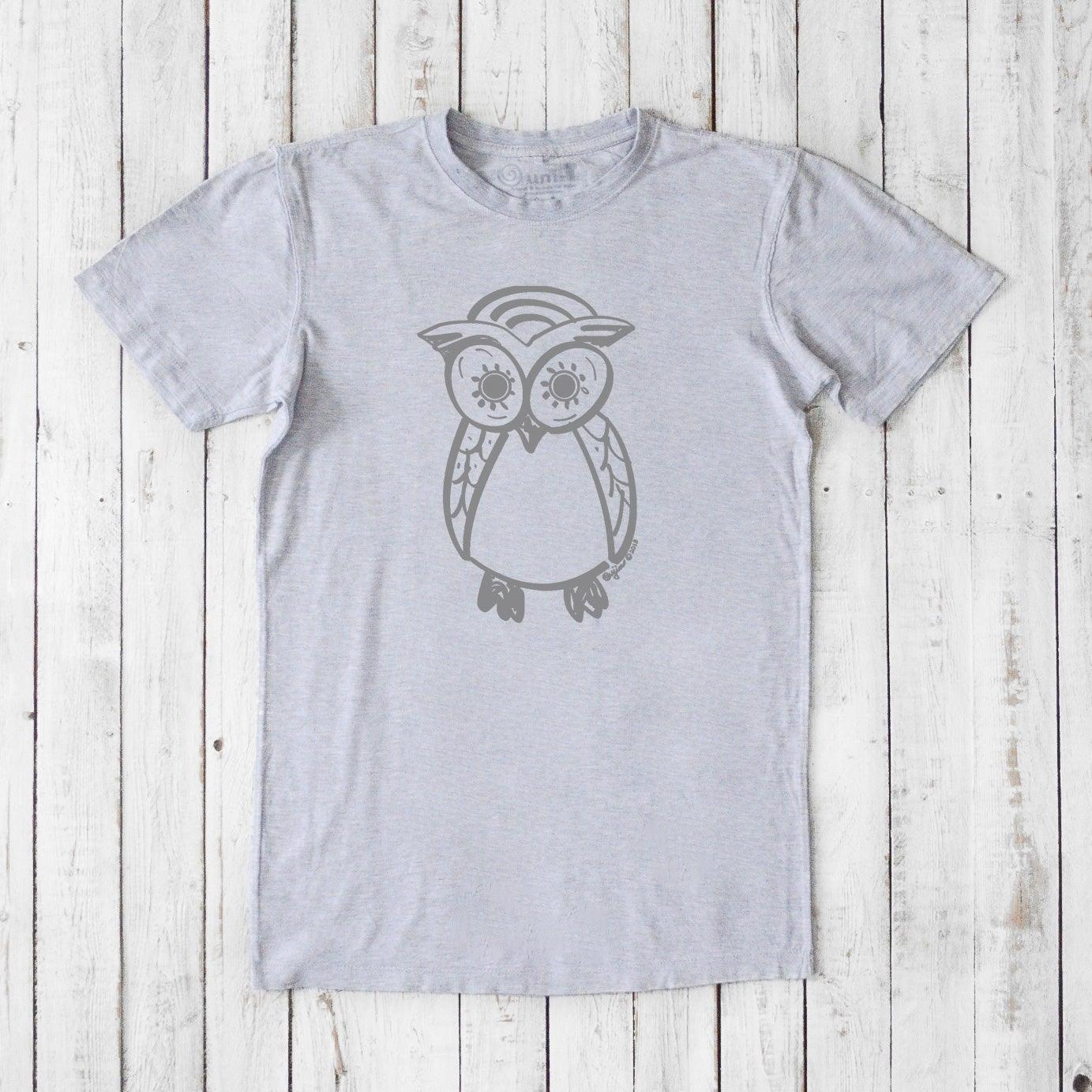 Men's Owl T-Shirt in heather gray bamboo and organic cotton with a dark gray owl design, soft and eco-conscious classic fit tee for him.