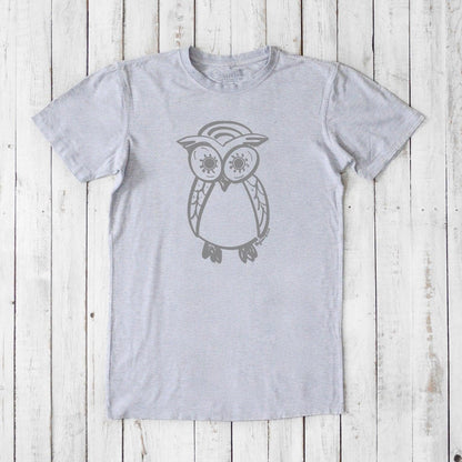Men's Owl T-Shirt in heather gray bamboo and organic cotton with a dark gray owl design, soft and eco-conscious classic fit tee for him.