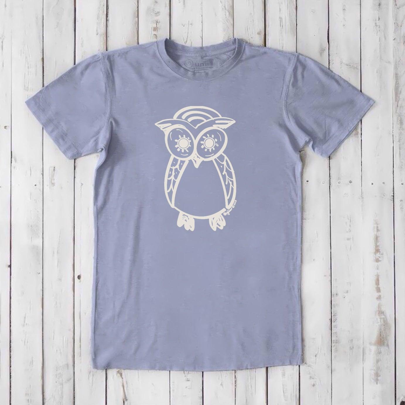 Men's Owl T-Shirt in slate blue bamboo and organic cotton with white owl artwork, eco-friendly classic fit tee for the wise night owl.