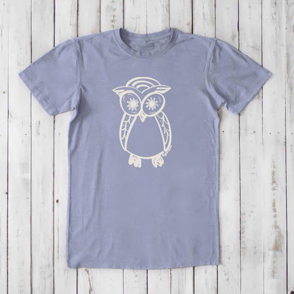 Men's Owl T-Shirt in slate blue bamboo and organic cotton with white owl artwork, eco-friendly classic fit tee for the wise night owl.