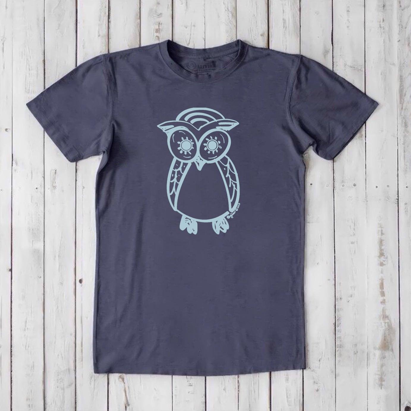 Men's Owl T-Shirt in navy bamboo and organic cotton with light blue owl print, sustainable night owl graphic tee, perfect gift for men.