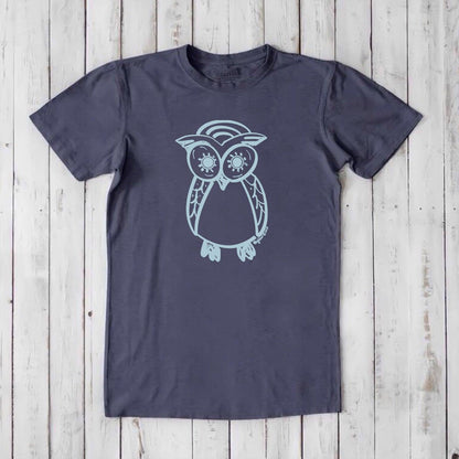 Men's Owl T-Shirt in navy bamboo and organic cotton with light blue owl print, sustainable night owl graphic tee, perfect gift for men.