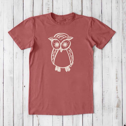 Men's Owl T-Shirt in red clay bamboo and organic cotton with white owl graphic, artistic and sustainable gift for him, classic fit style.
