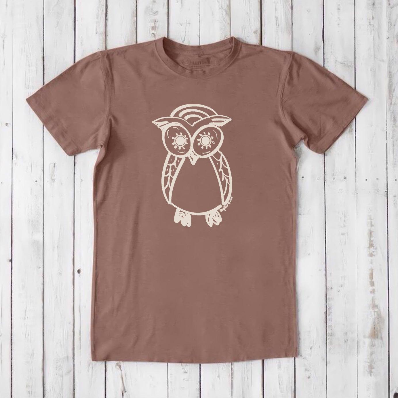 Men's Owl T-Shirt in light brown bamboo and organic cotton with white owl design, soft and eco-conscious tee, ideal gift for nature lovers.