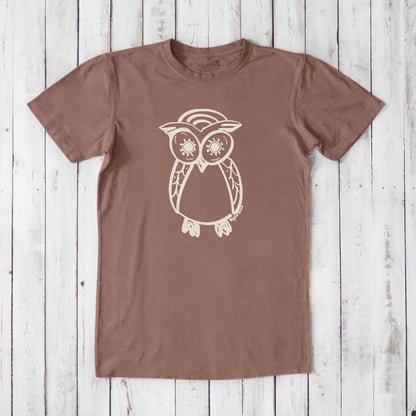 Men's Owl T-Shirt in light brown bamboo and organic cotton with white owl design, soft and eco-conscious tee, ideal gift for nature lovers.