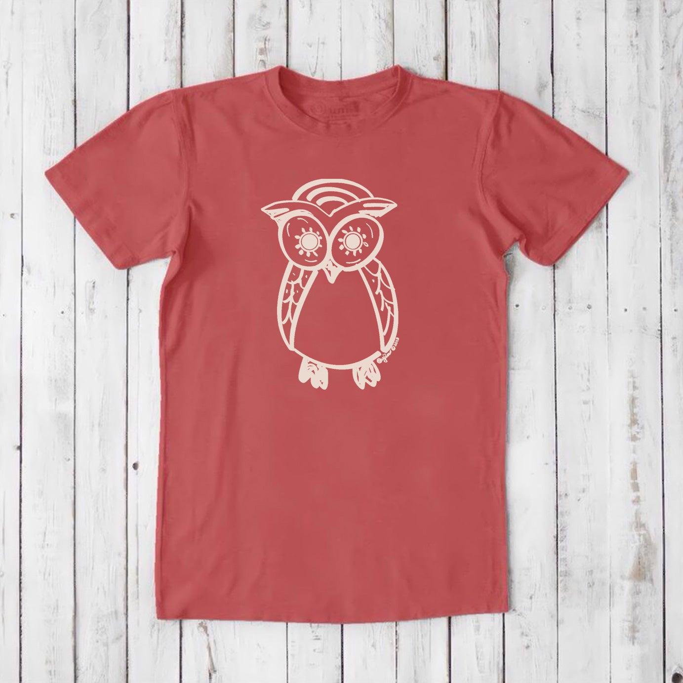 Men's Owl T-Shirt in red bamboo and organic cotton with white owl artwork, eco-conscious and artistic gift for the wise man.