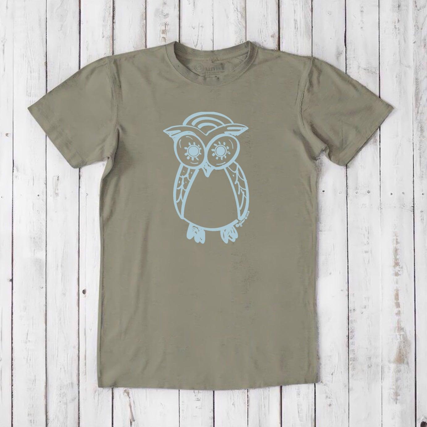 Men's Owl T-Shirt in olive bamboo and organic cotton with light blue owl print, sustainable and artistic night owl tee for men.