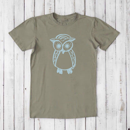 Men's Owl T-Shirt in olive bamboo and organic cotton with light blue owl print, sustainable and artistic night owl tee for men.