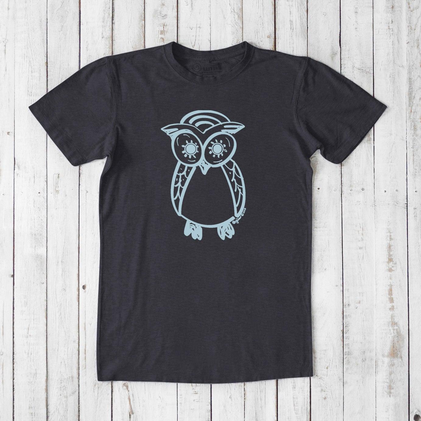 Men's Owl T-Shirt in charcoal bamboo and organic cotton with light blue owl design, classic fit sustainable tee for night owl enthusiasts.