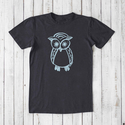 Men's Owl T-Shirt in charcoal bamboo and organic cotton with light blue owl design, classic fit sustainable tee for night owl enthusiasts.