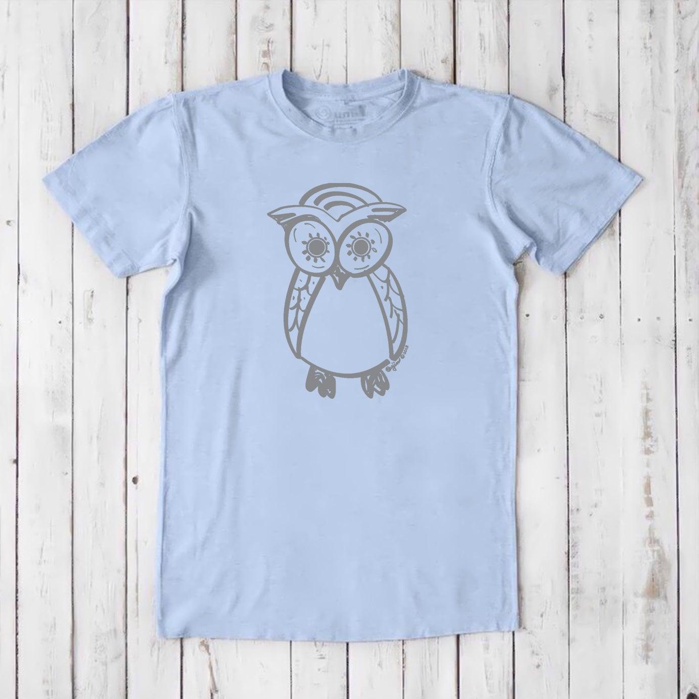 Men's Owl T-Shirt in light blue bamboo and organic cotton with gray owl print, soft and eco-friendly tee, perfect for owl lovers.