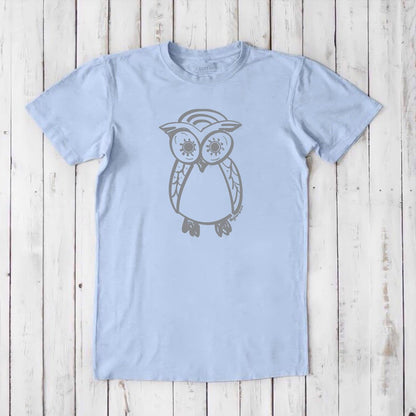 Men's Owl T-Shirt in light blue bamboo and organic cotton with gray owl print, soft and eco-friendly tee, perfect for owl lovers.