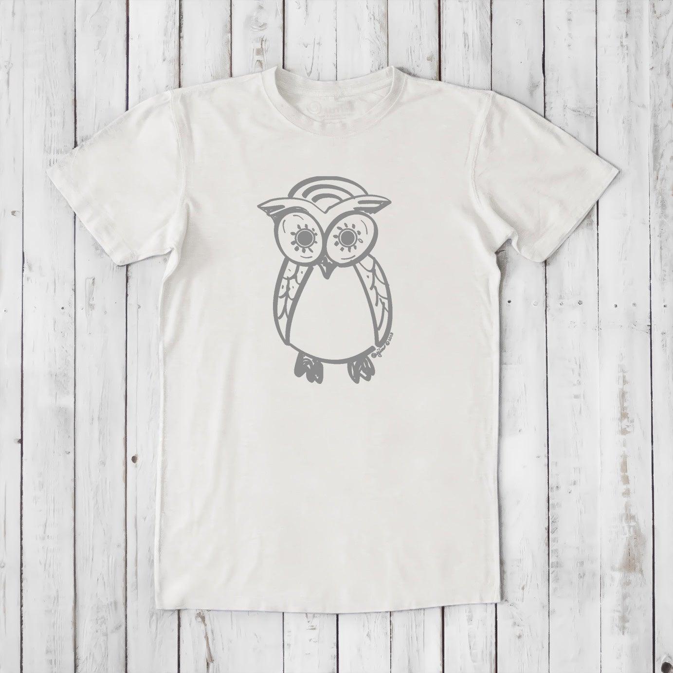Men's Owl T-Shirt in off-white bamboo and organic cotton with gray owl graphic, sustainable and artistic gift for men, classic fit.