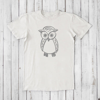 Men's Owl T-Shirt in off-white bamboo and organic cotton with gray owl graphic, sustainable and artistic gift for men, classic fit.