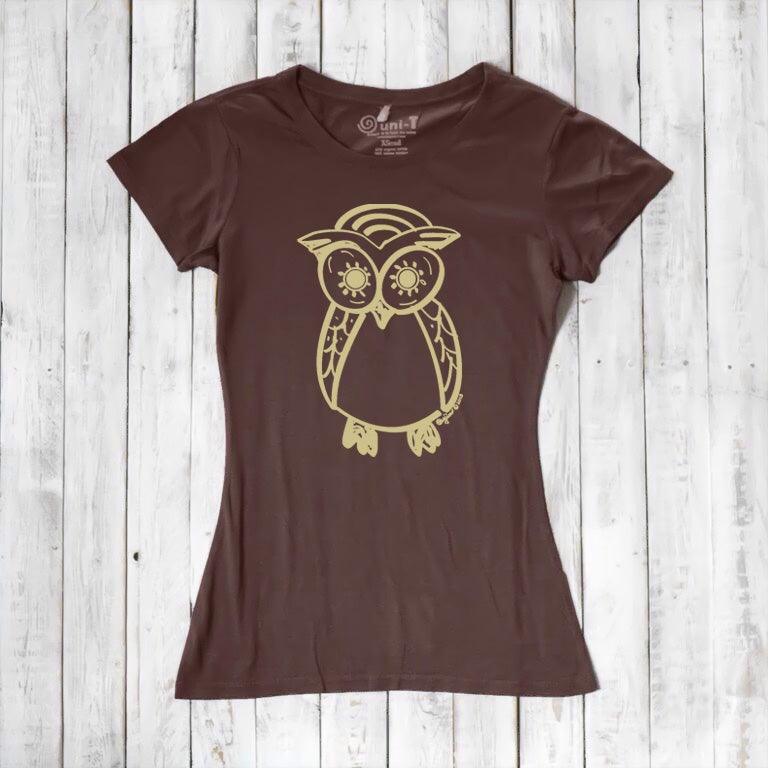 Brown Women’s Owl T-Shirt made from bamboo and organic cotton, featuring a gold owl graphic, eco-friendly wildlife gift idea.