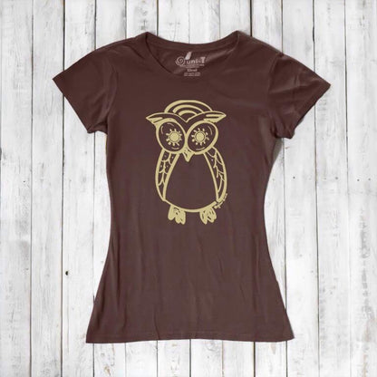Brown Women’s Owl T-Shirt made from bamboo and organic cotton, featuring a gold owl graphic, eco-friendly wildlife gift idea.
