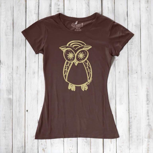 Brown Women’s Owl T-Shirt made from bamboo and organic cotton, featuring a gold owl graphic, eco-friendly wildlife gift idea.