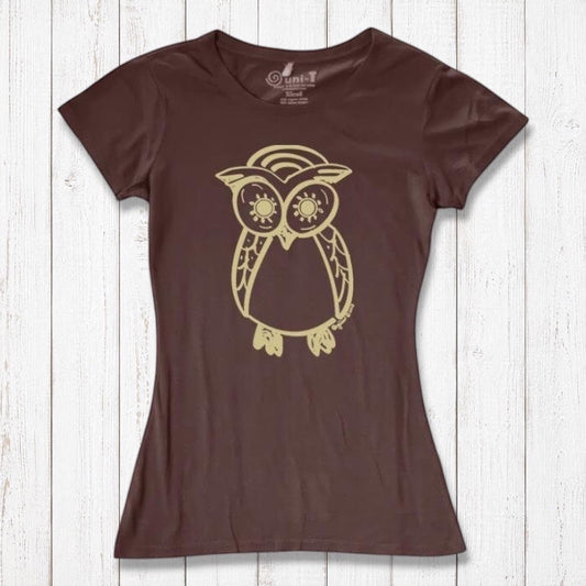 Brown Women’s Owl T-Shirt made from bamboo and organic cotton, featuring a gold owl graphic, eco-friendly wildlife gift idea.
