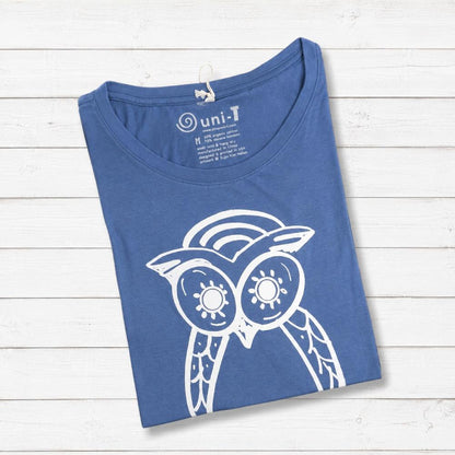 Folded blue Women’s Owl T-Shirt with white owl graphic, made from bamboo and organic cotton, eco-conscious gift for wildlife fans.