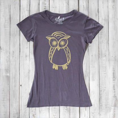 Slate gray Women’s Owl T-Shirt with gold owl design, crafted from bamboo and organic cotton, sustainable top for nature enthusiasts.