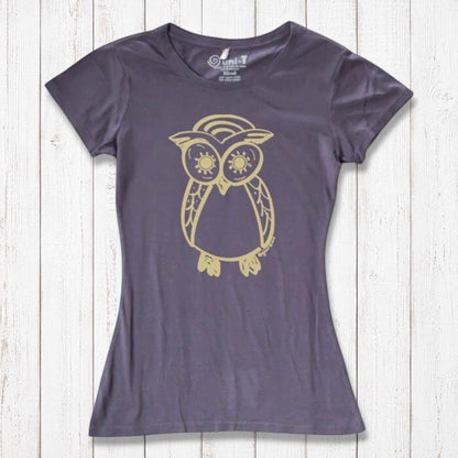 Slate gray Women’s Owl T-Shirt with gold owl design, crafted from bamboo and organic cotton, sustainable top for nature enthusiasts.