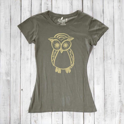 Olive green Women’s Owl T-Shirt in bamboo and organic cotton, featuring a gold owl graphic, eco-friendly apparel for bird lovers.